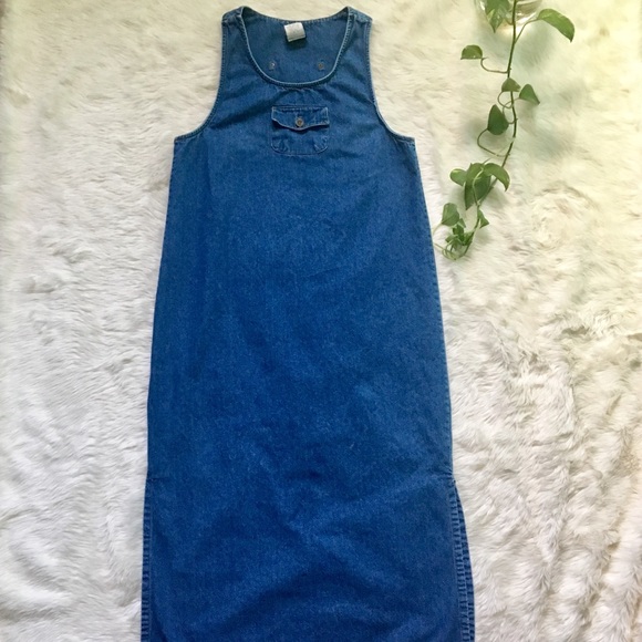 1990s Vintage Denim Maxi Sac Pinafore Dress - Picture 4 of 8
